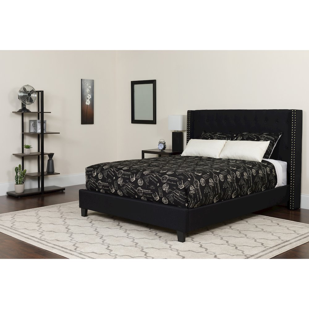 Full Size Platform Bed in Black Fabric with Memory Foam Mattress