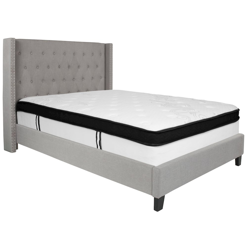 Full Size Platform Bed in Light Gray Fabric with Memory Foam Mattress