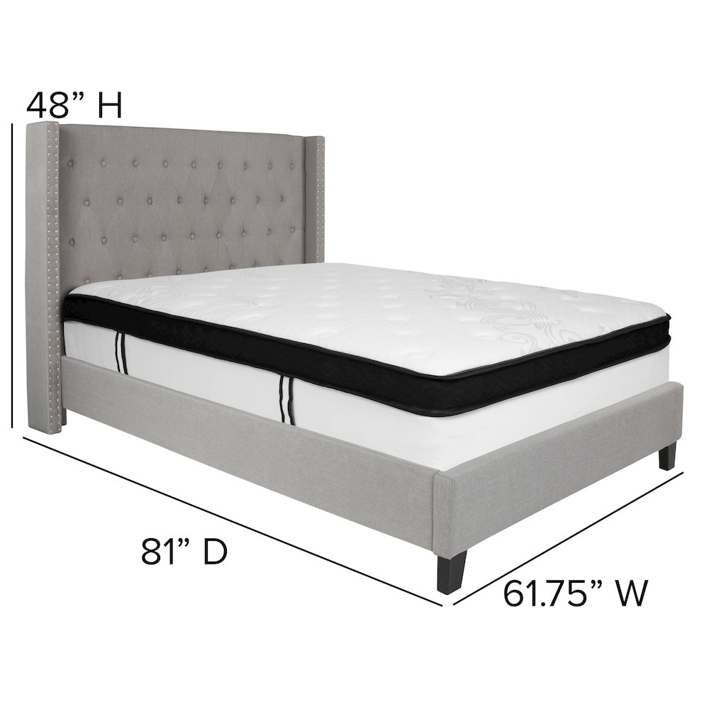 Full Size Platform Bed in Light Gray Fabric with Memory Foam Mattress