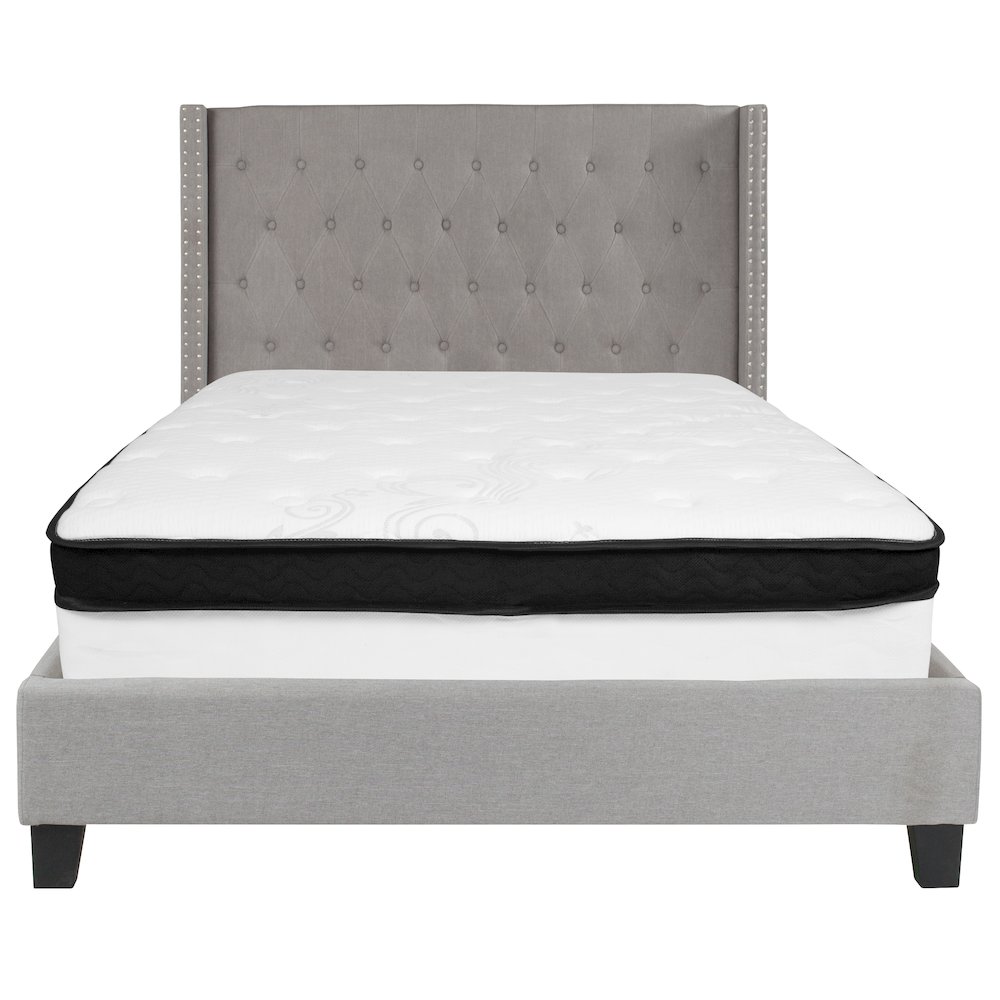 Full Size Platform Bed in Light Gray Fabric with Memory Foam Mattress