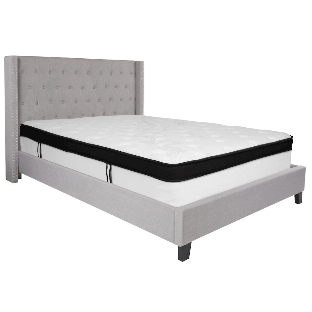 Queen Size Platform Bed in Light Gray Fabric with Memory Foam Mattress