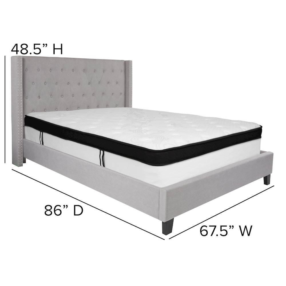 Queen Size Platform Bed in Light Gray Fabric with Memory Foam Mattress