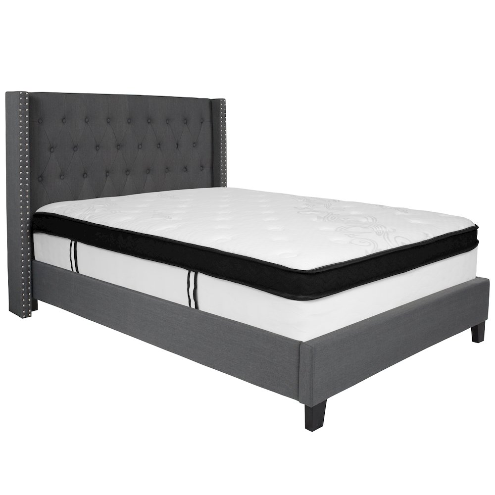 Full Size Platform Bed in Dark Gray Fabric with Memory Foam Mattress