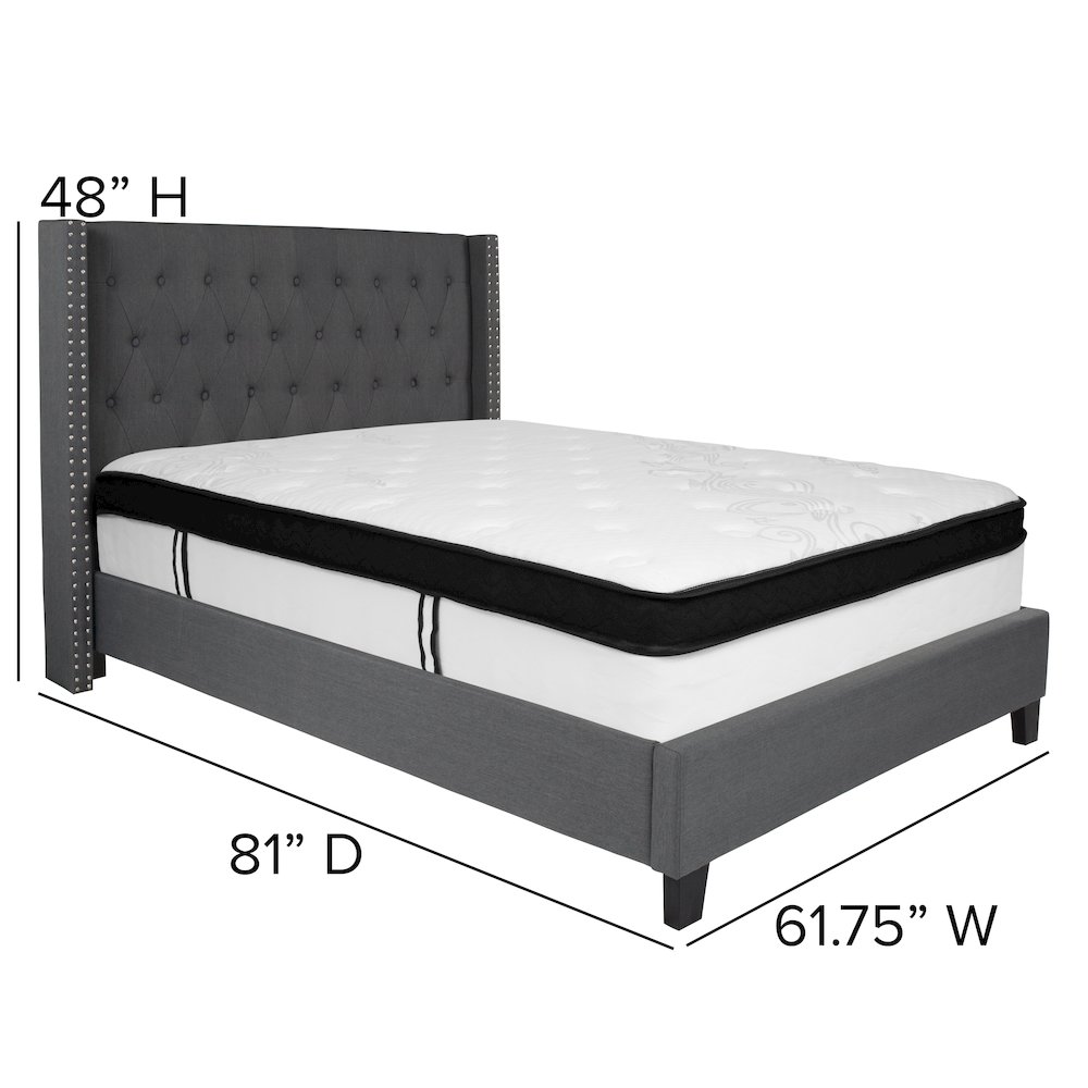 Full Size Platform Bed in Dark Gray Fabric with Memory Foam Mattress