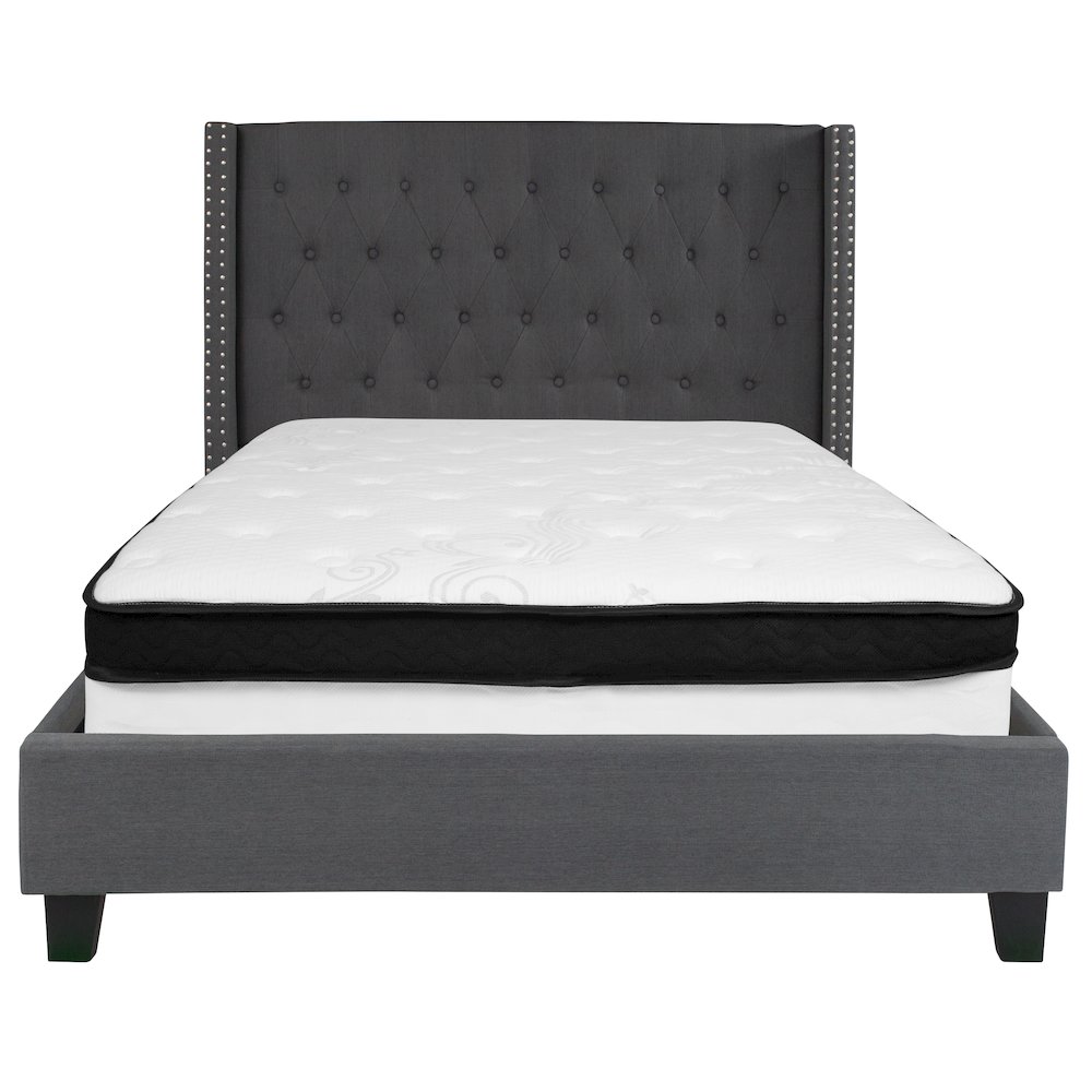 Full Size Platform Bed in Dark Gray Fabric with Memory Foam Mattress