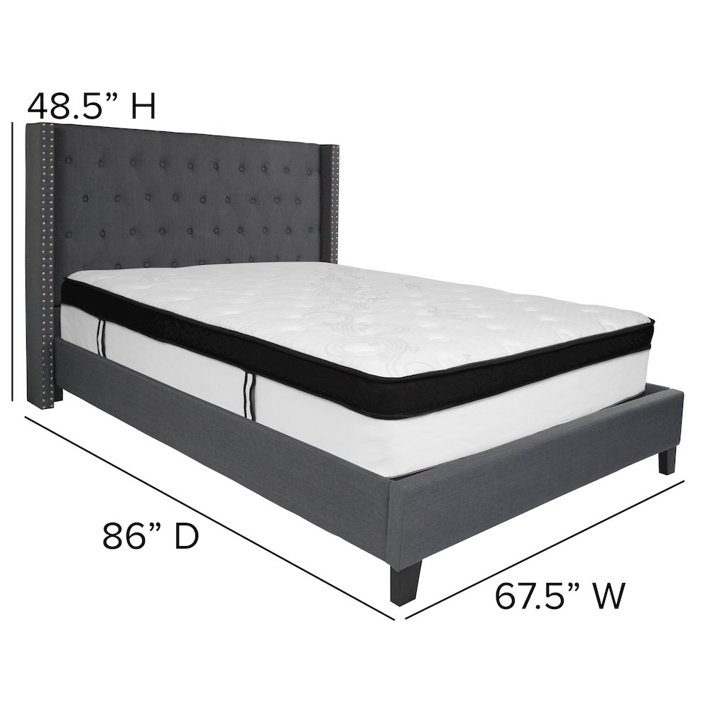 Queen Size Platform Bed in Dark Gray Fabric with Memory Foam Mattress