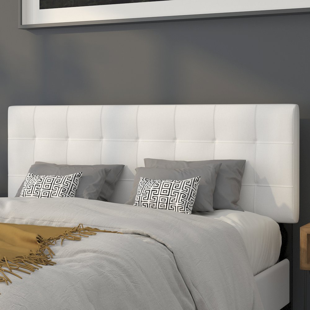 Tufted Upholstered Queen Size Headboard in White Fabric