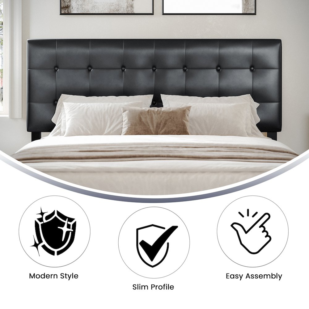 Tufted Upholstered Queen Size Headboard in Black Vinyl