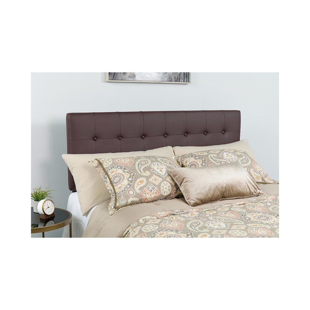 Tufted Upholstered Queen Size Headboard in Brown Vinyl