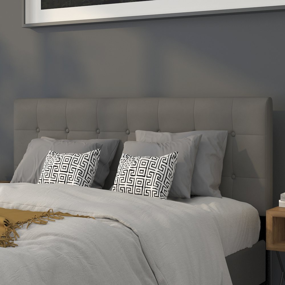 Tufted Upholstered Queen Size Headboard in Gray Vinyl