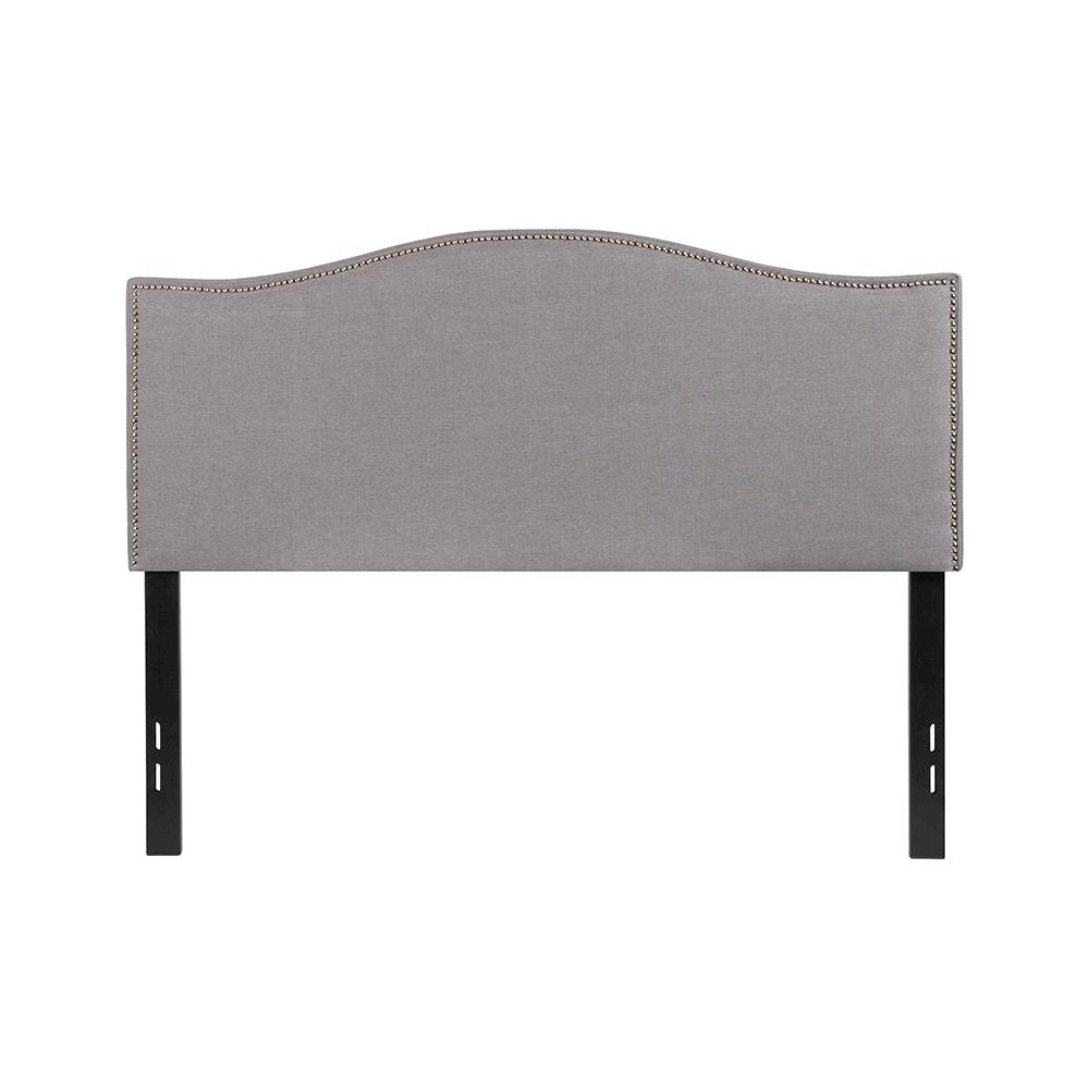 Upholstered Full Size Headboard with Accent Nail Trim in Light Gray Fabric
