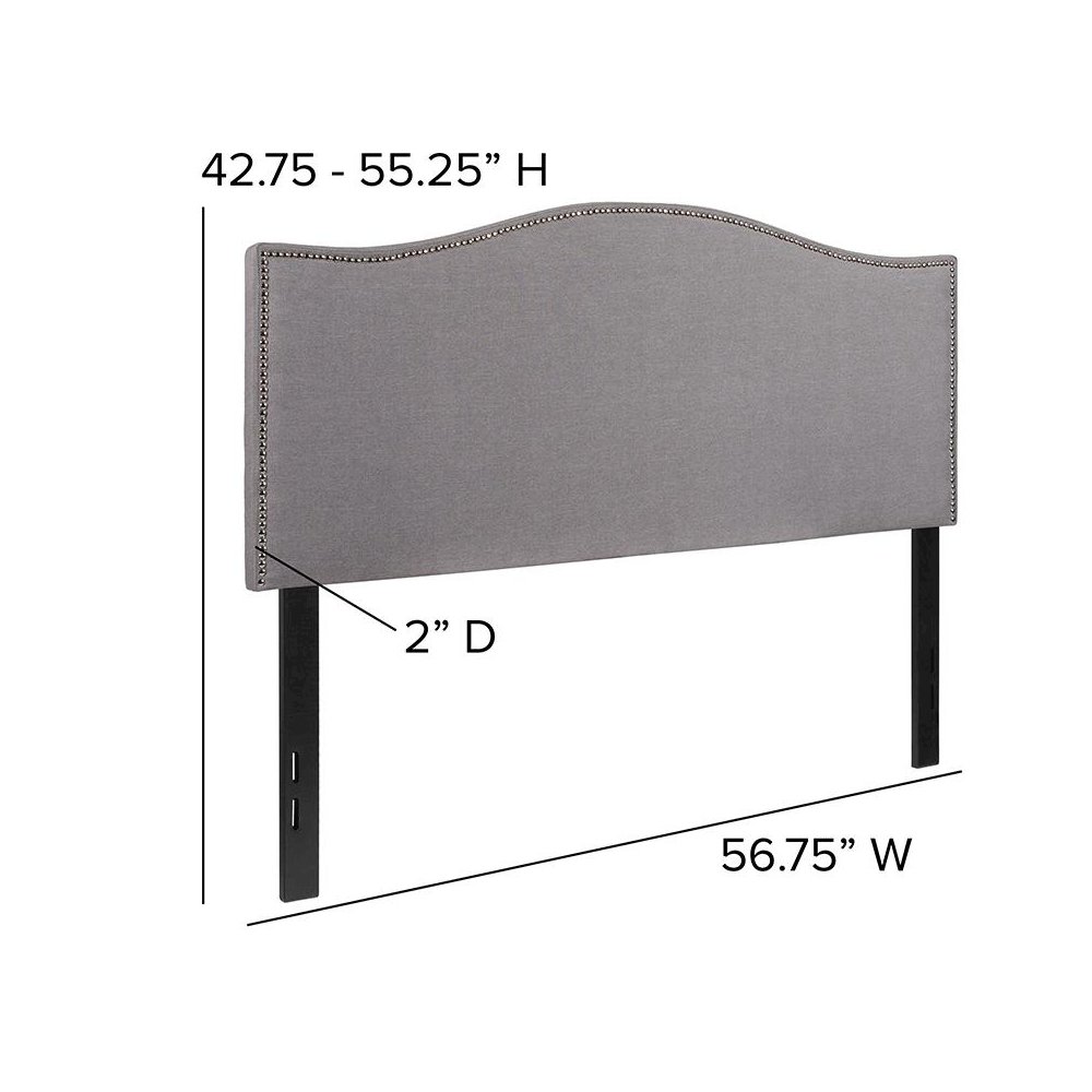 Upholstered Full Size Headboard with Accent Nail Trim in Light Gray Fabric