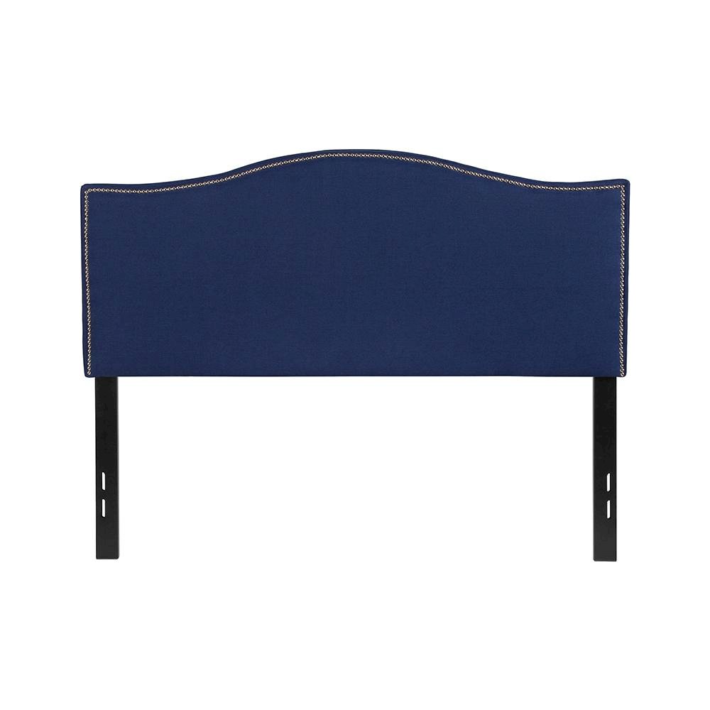 Upholstered Full Size Headboard with Accent Nail Trim in Navy Fabric