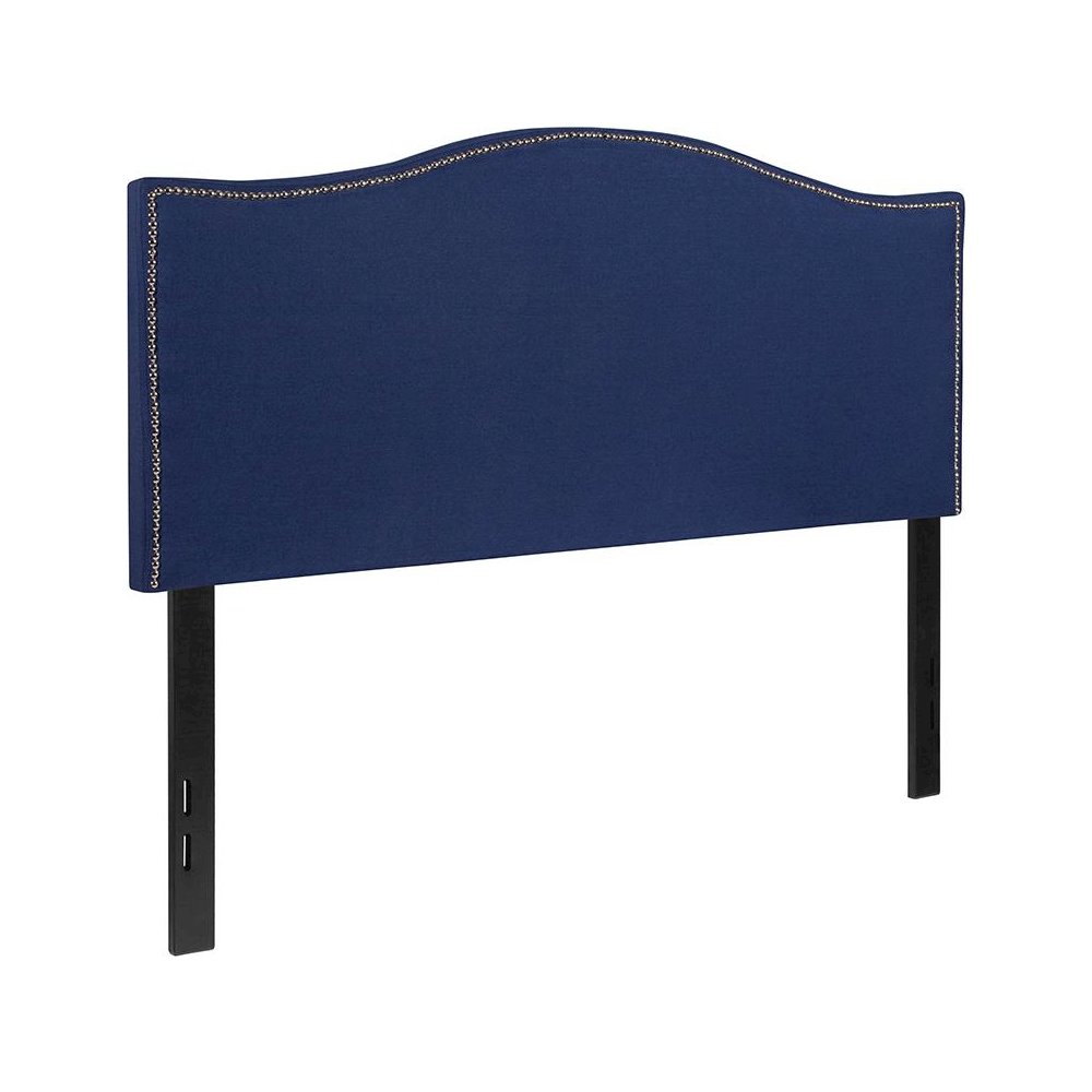 Upholstered Full Size Headboard with Accent Nail Trim in Navy Fabric