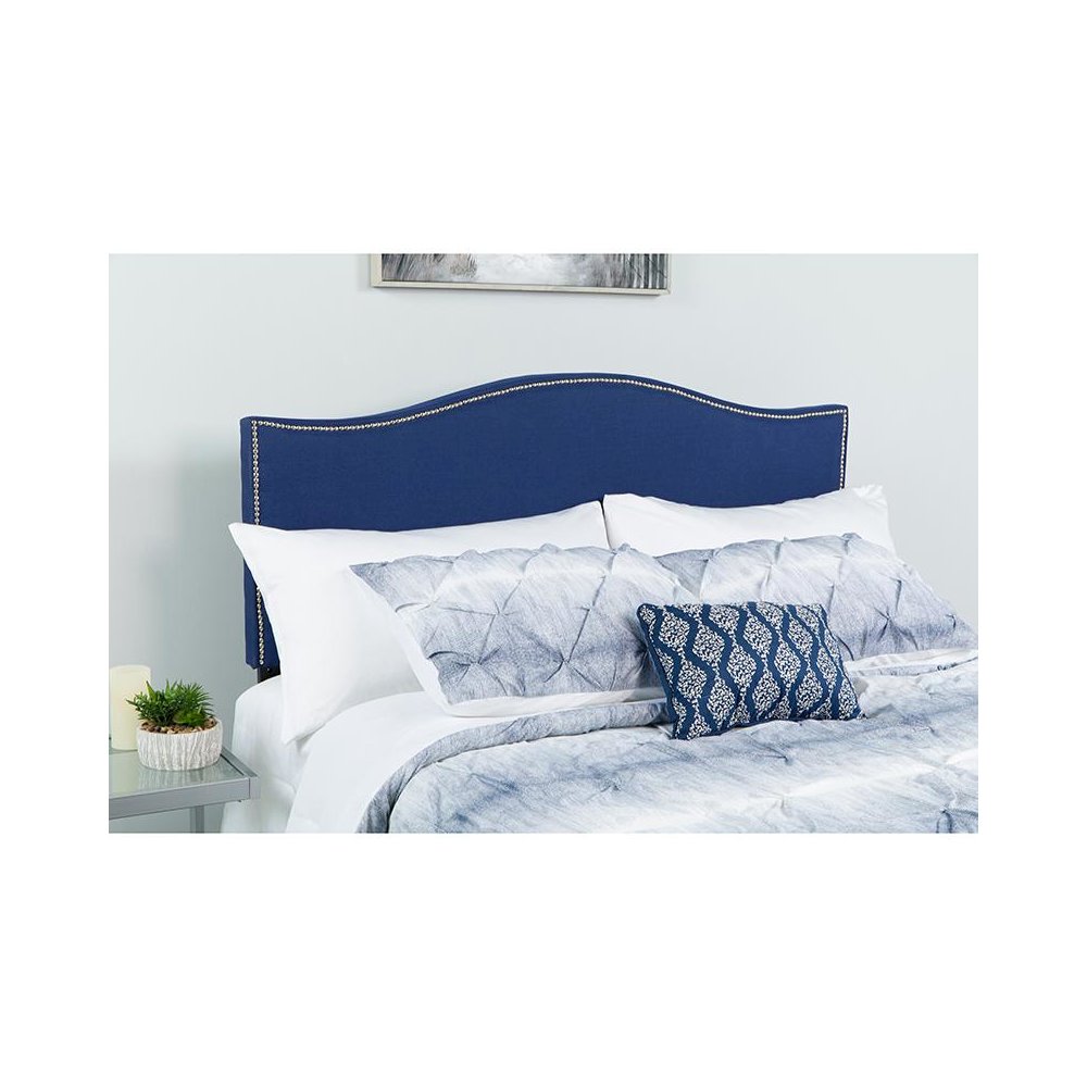 Upholstered Full Size Headboard with Accent Nail Trim in Navy Fabric