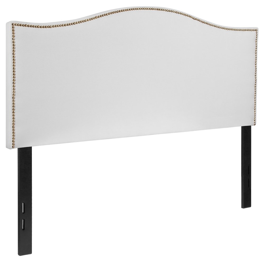 Upholstered Full Size Headboard with Accent Nail Trim in White Fabric