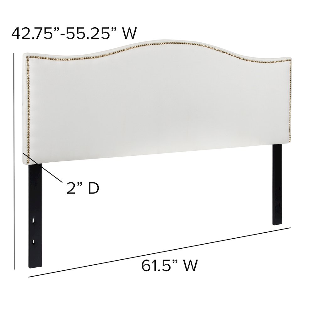 Upholstered Queen Size Headboard with Accent Nail Trim in White Fabric