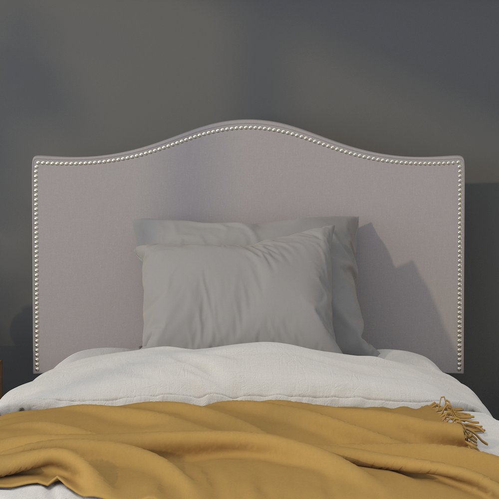 Upholstered Twin Size Headboard with Accent Nail Trim in Light Gray Fabric