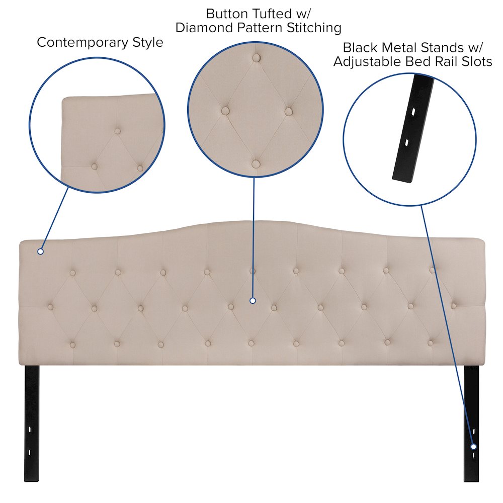 Tufted Upholstered King Size Headboard in Beige Fabric