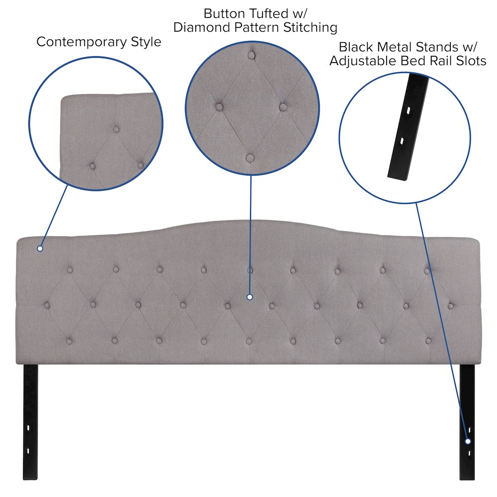 Tufted Upholstered King Size Headboard in Light Gray Fabric