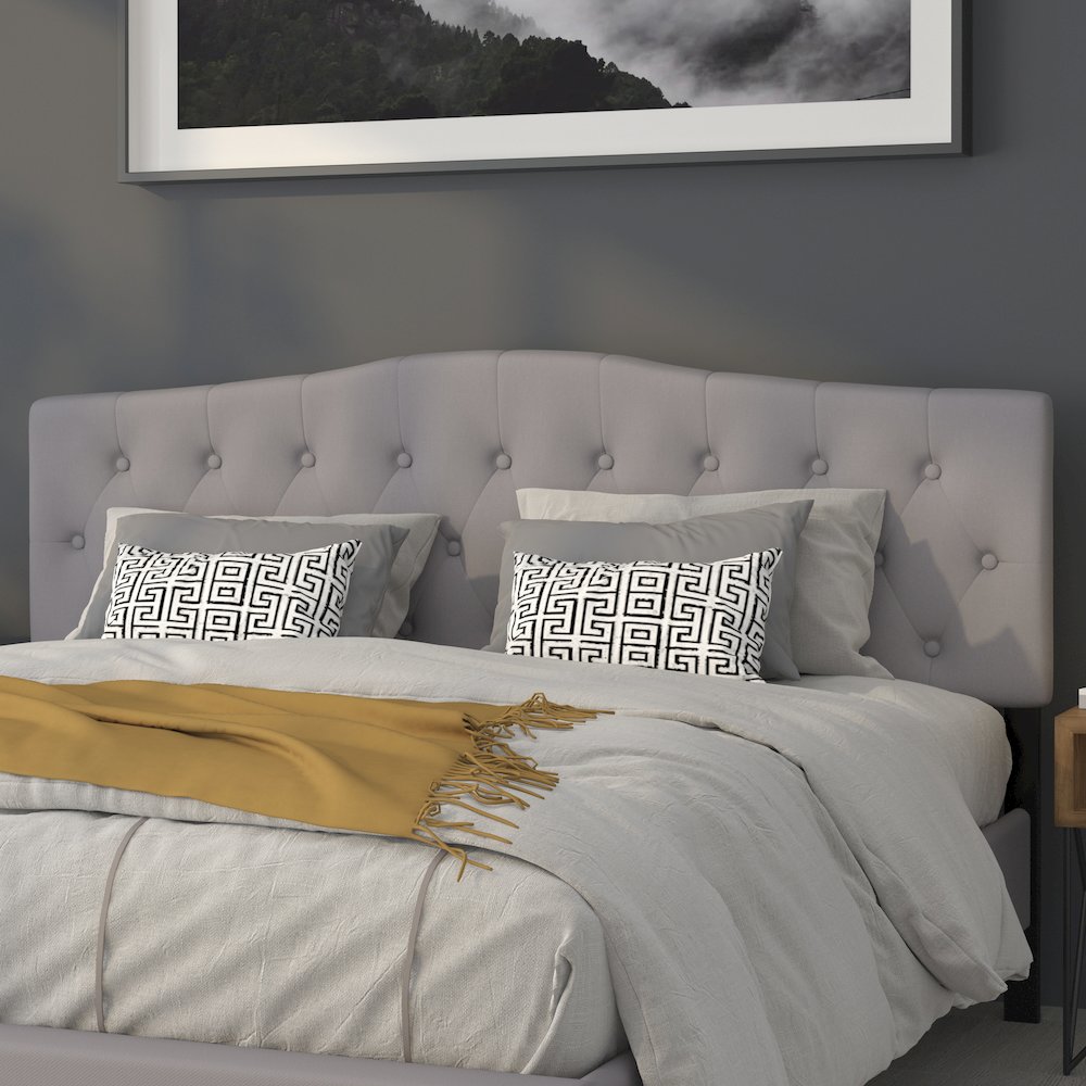 Tufted Upholstered King Size Headboard in Light Gray Fabric