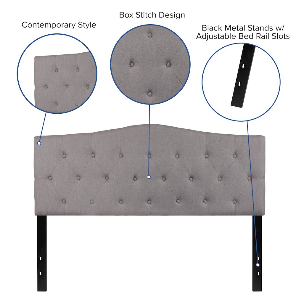Tufted Upholstered Queen Size Headboard in Light Gray Fabric