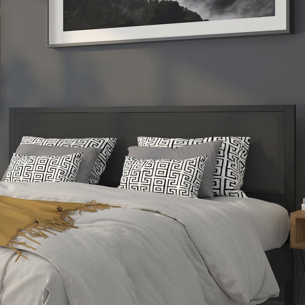 Metal Upholstered King Size Headboard in Black Fabric