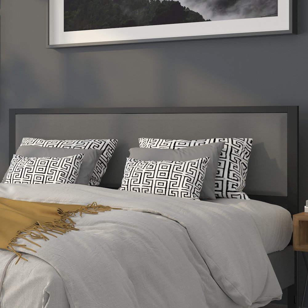 Metal Upholstered King Size Headboard in Dark Gray Fabric