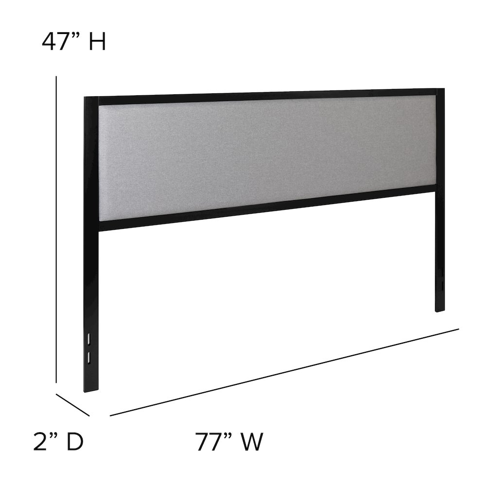 Metal Upholstered King Size Headboard in Light Gray Fabric