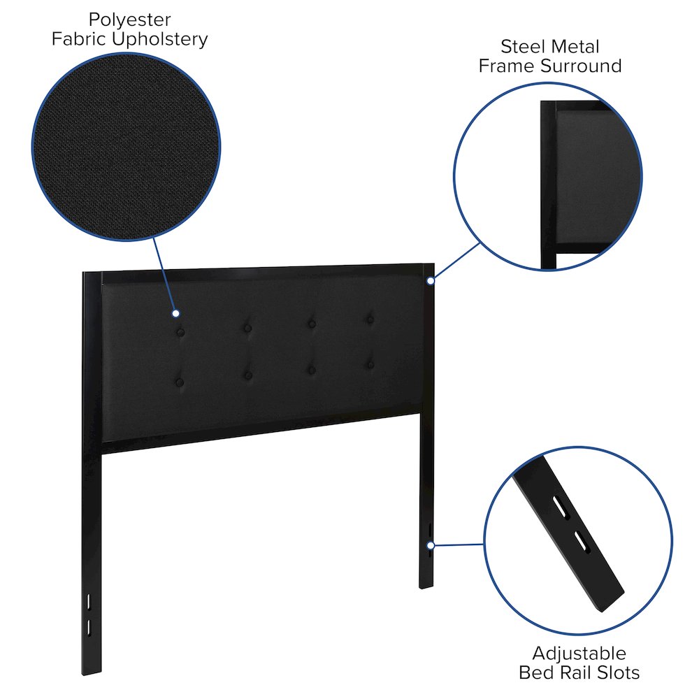 Metal Tufted Upholstered Full Size Headboard in Black Fabric