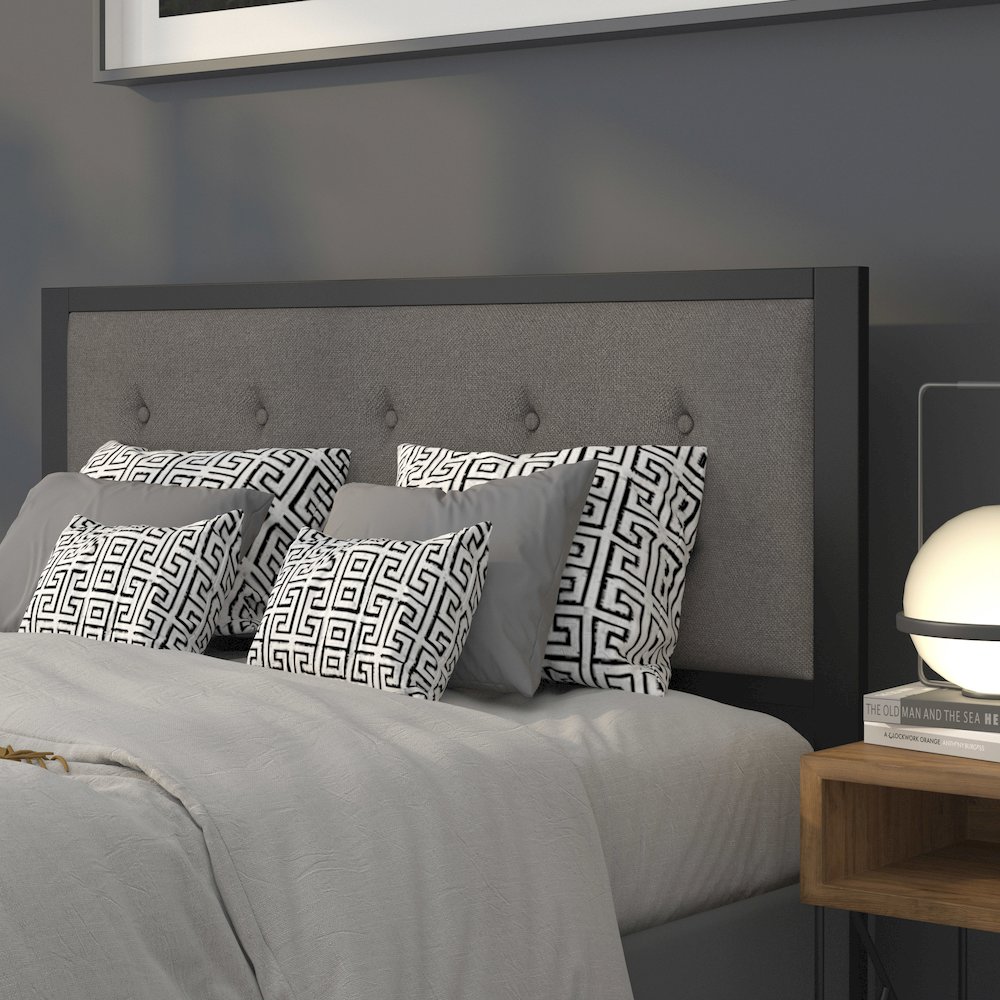 Metal Tufted Upholstered Queen Size Headboard in Dark Gray Fabric