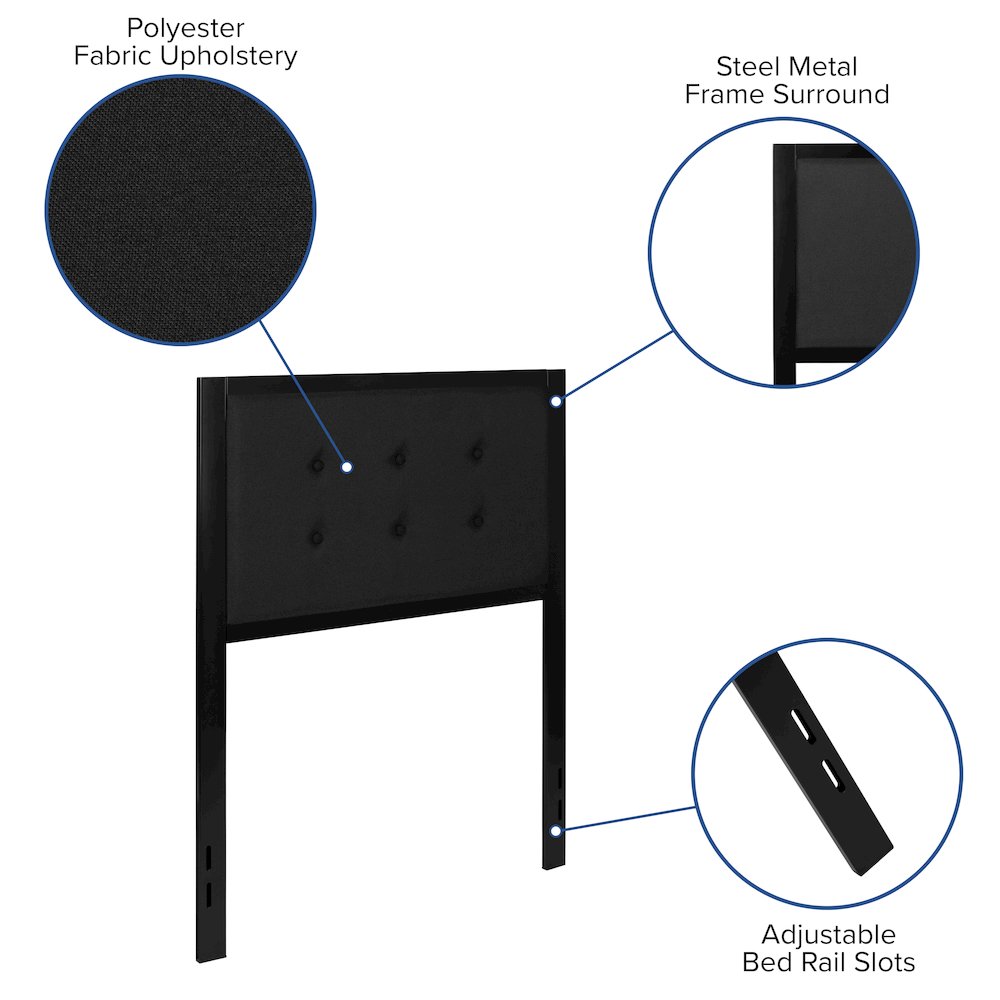 Metal Tufted Upholstered Twin Size Headboard in Black Fabric