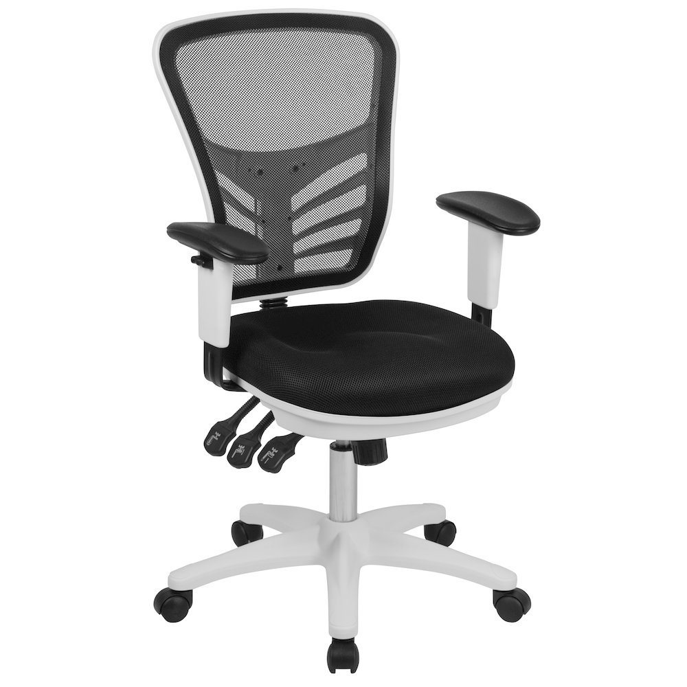 Mid-Back Black Mesh Multifunction Executive Swivel Office Chair and White Frame