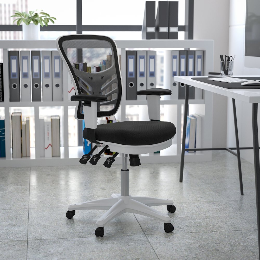Mid-Back Black Mesh Multifunction Executive Swivel Office Chair and White Frame