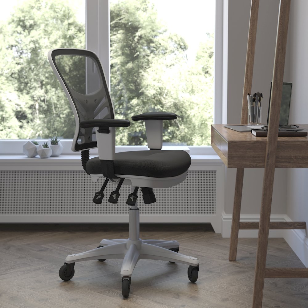 Mid-Back Black Mesh Multifunction Executive Office Chair and White Frame