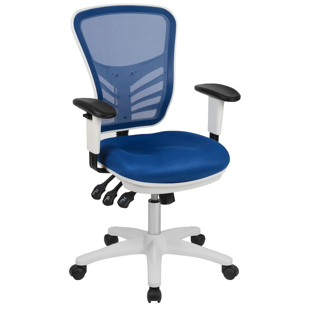 Mid-Back Blue Mesh Multifunction Executive Swivel Office Chair and White Frame
