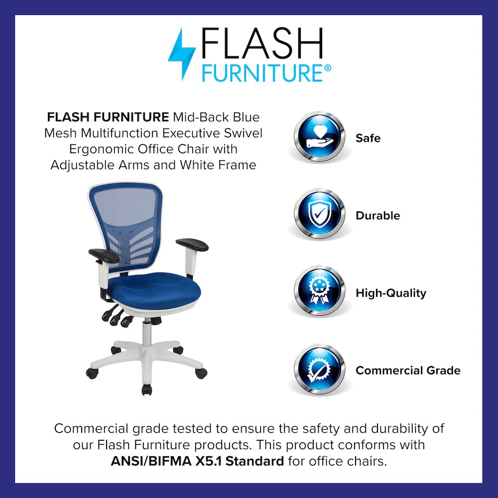 Mid-Back Blue Mesh Multifunction Executive Swivel Office Chair and White Frame