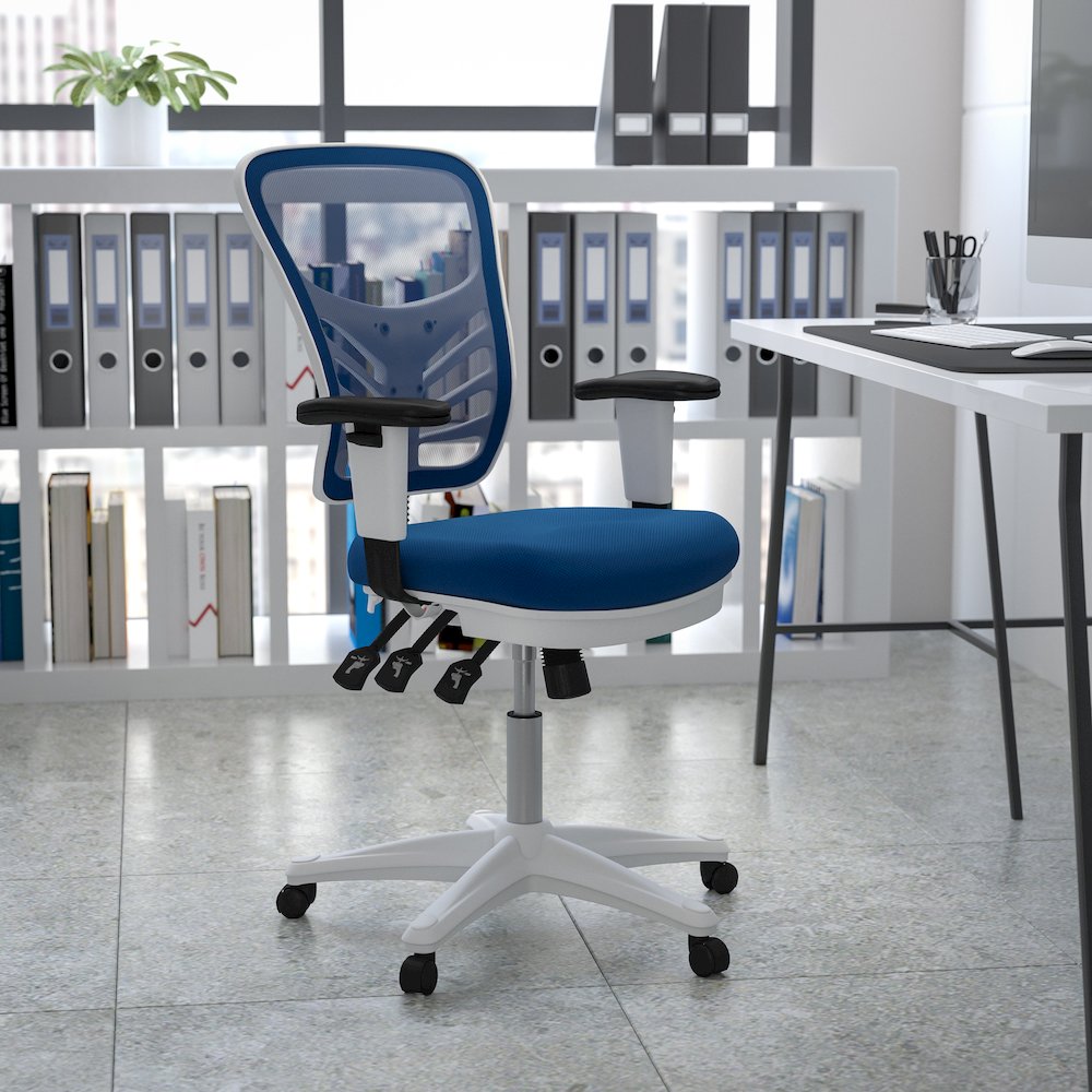 Mid-Back Blue Mesh Multifunction Executive Swivel Office Chair and White Frame