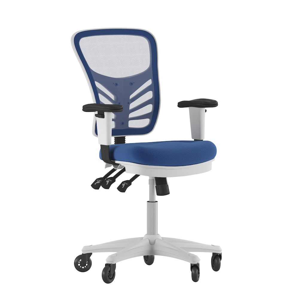 Mid-Back Blue Mesh Multifunction Executive Office Chair and White Frame
