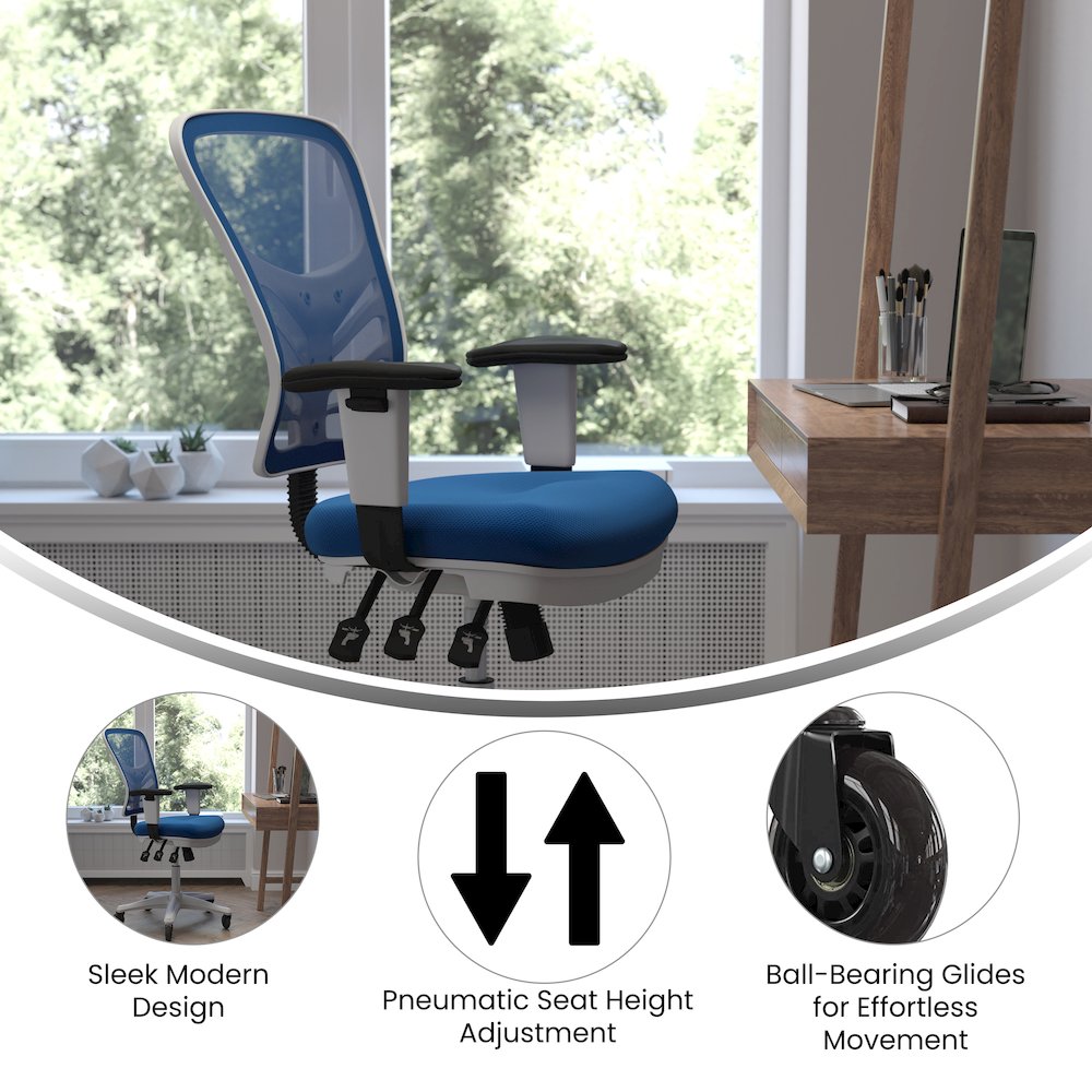 Mid-Back Blue Mesh Multifunction Executive Office Chair and White Frame