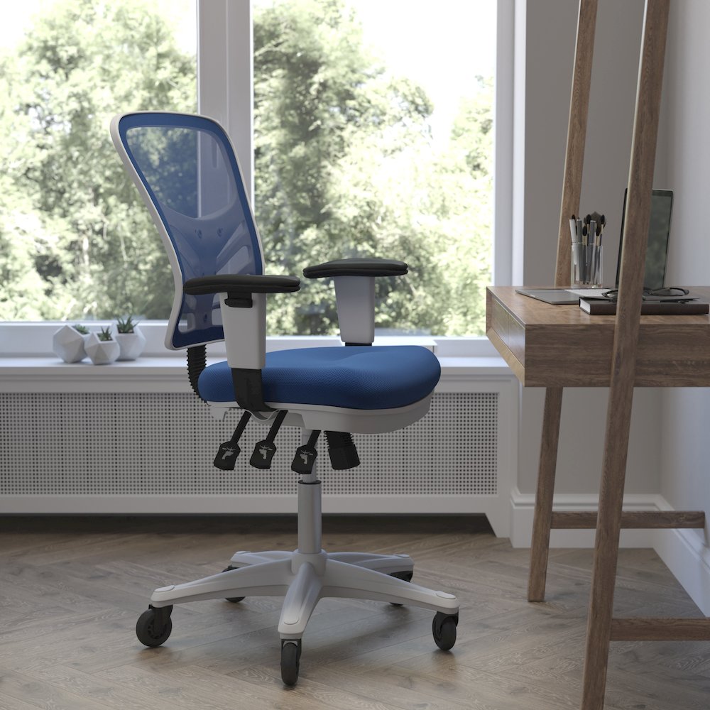 Mid-Back Blue Mesh Multifunction Executive Office Chair and White Frame