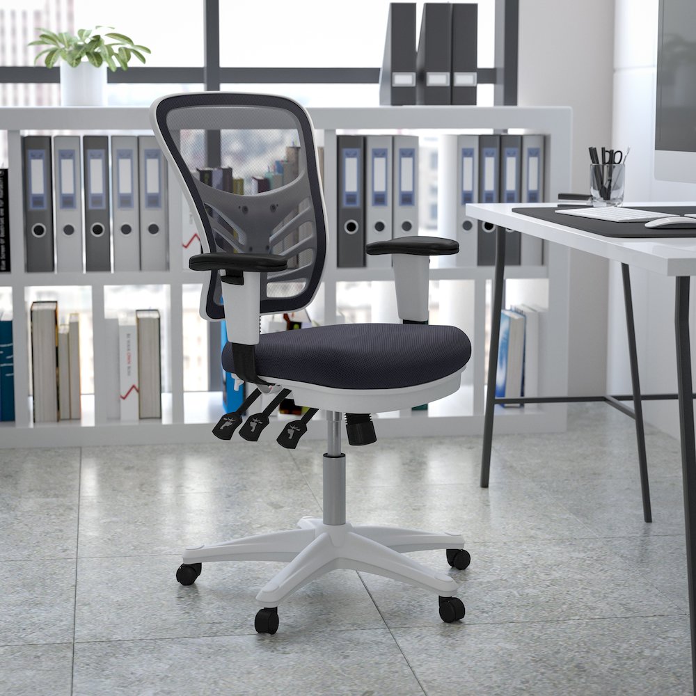 Mid-Back Dark Gray Mesh Swivel Office Chair and White Frame