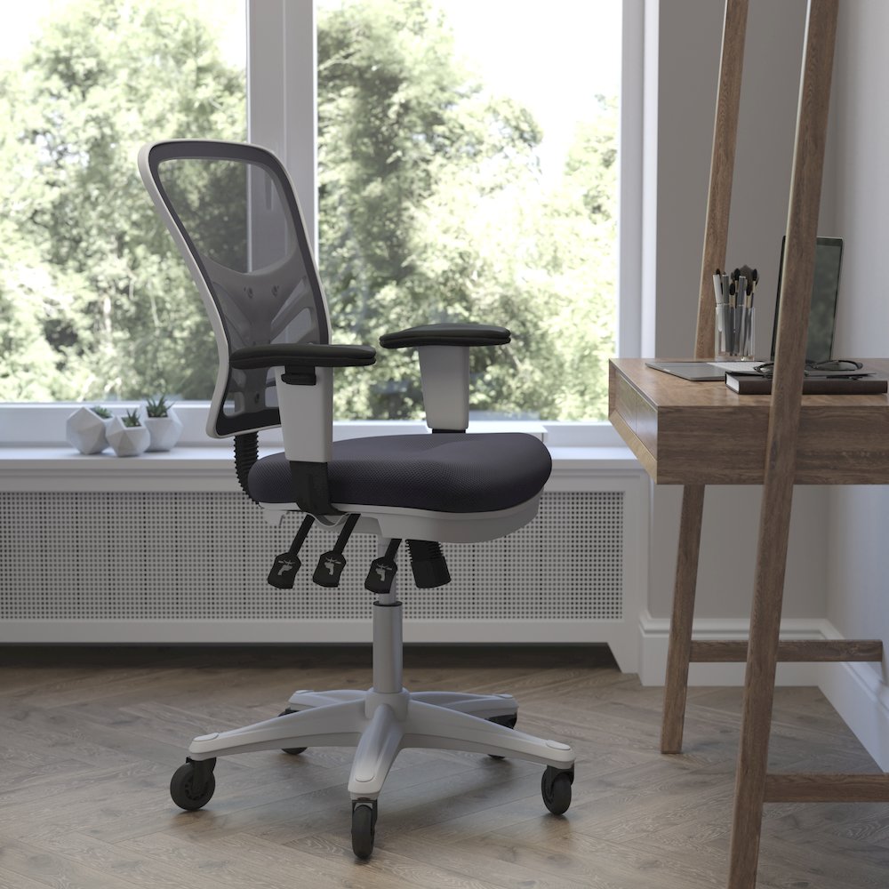 Mid-Back Dark Gray Mesh Multifunction Executive Chair and White Frame