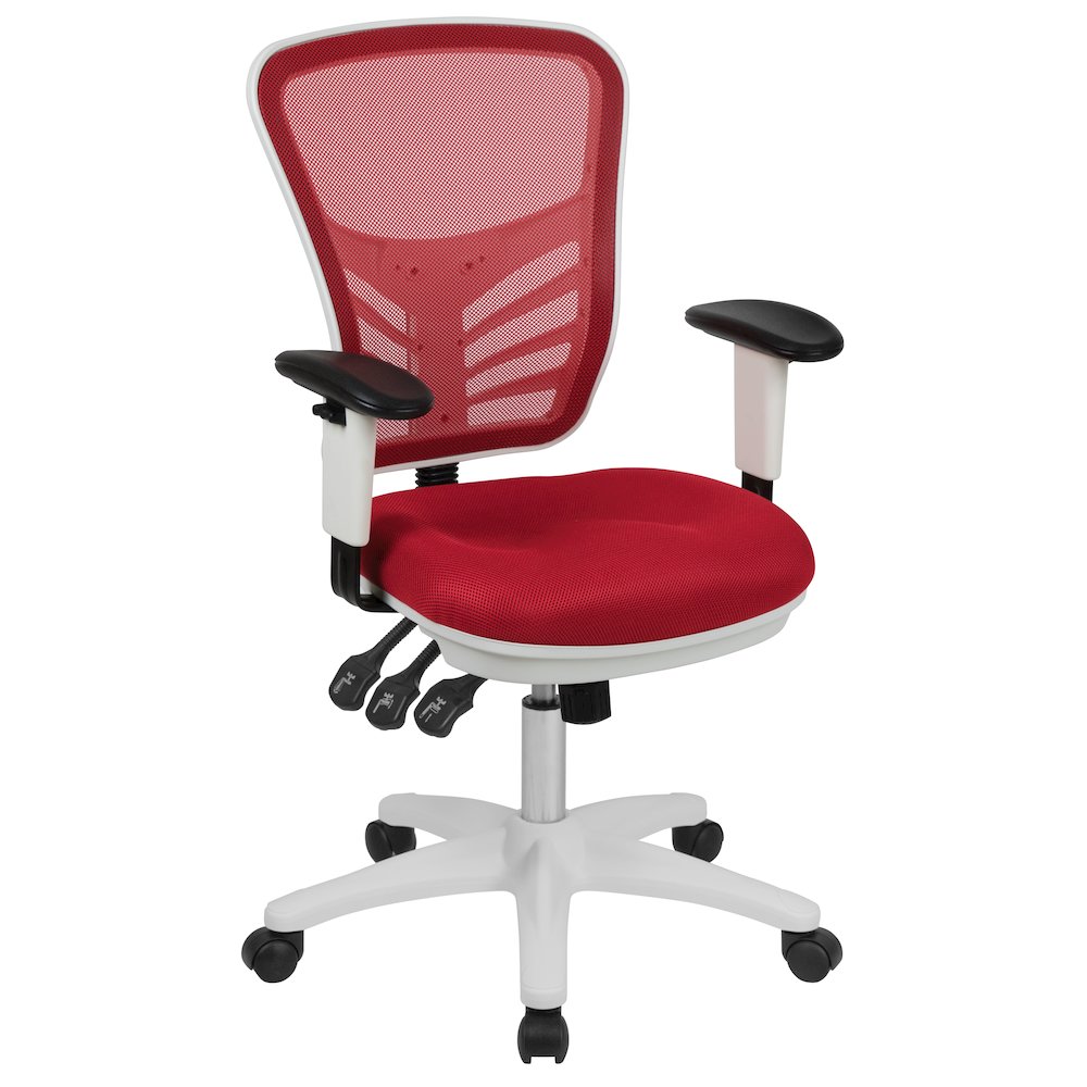 Mid-Back Red Mesh Multifunction Executive Swivel Office Chair and White Frame