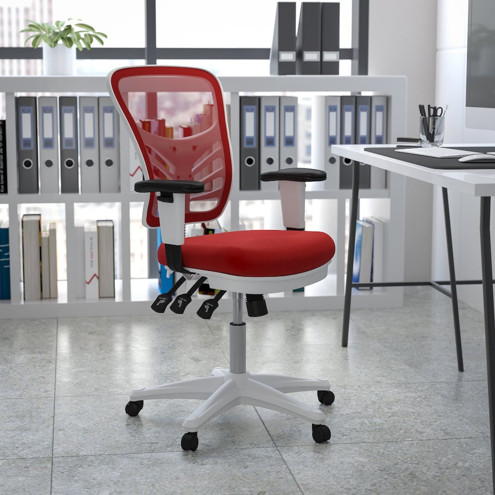 Mid-Back Red Mesh Multifunction Executive Swivel Office Chair and White Frame