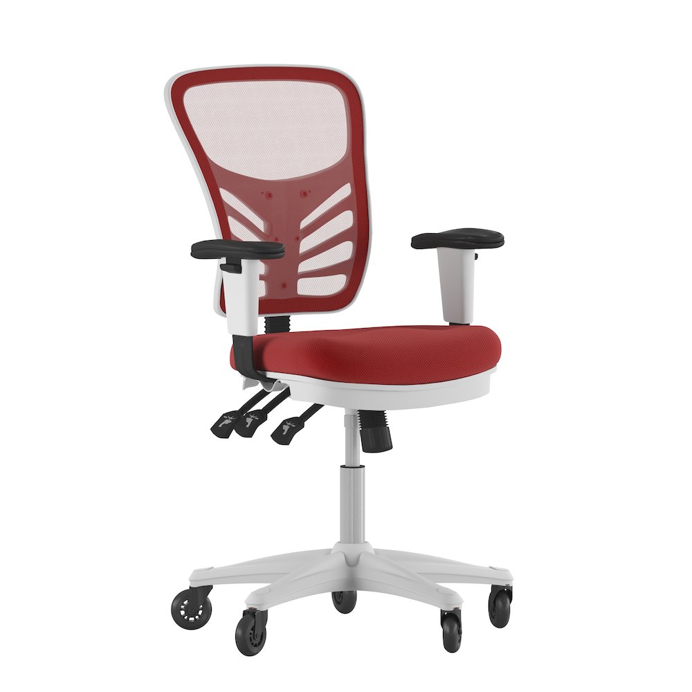 Mid-Back Red Mesh Multifunction Executive Office Chair and White Frame