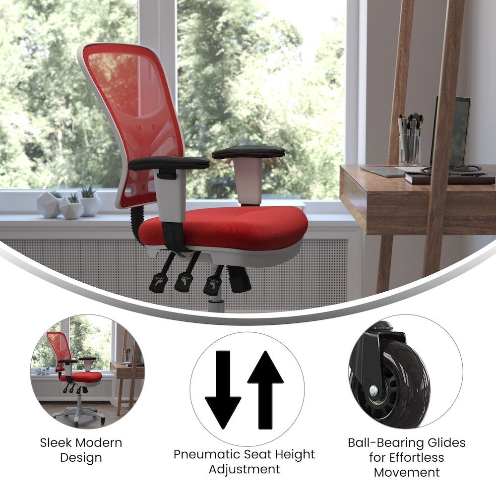 Mid-Back Red Mesh Multifunction Executive Office Chair and White Frame