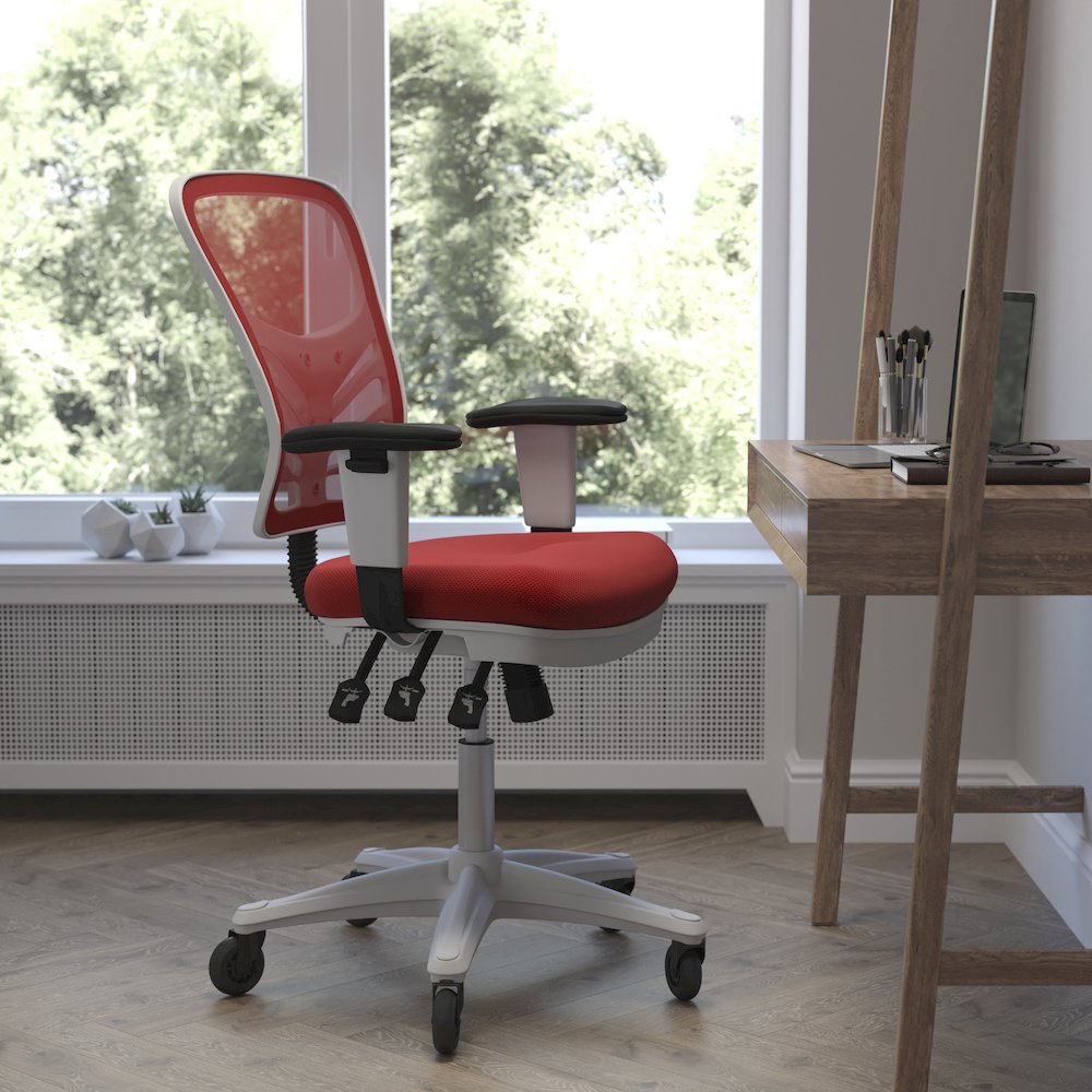 Mid-Back Red Mesh Multifunction Executive Office Chair and White Frame
