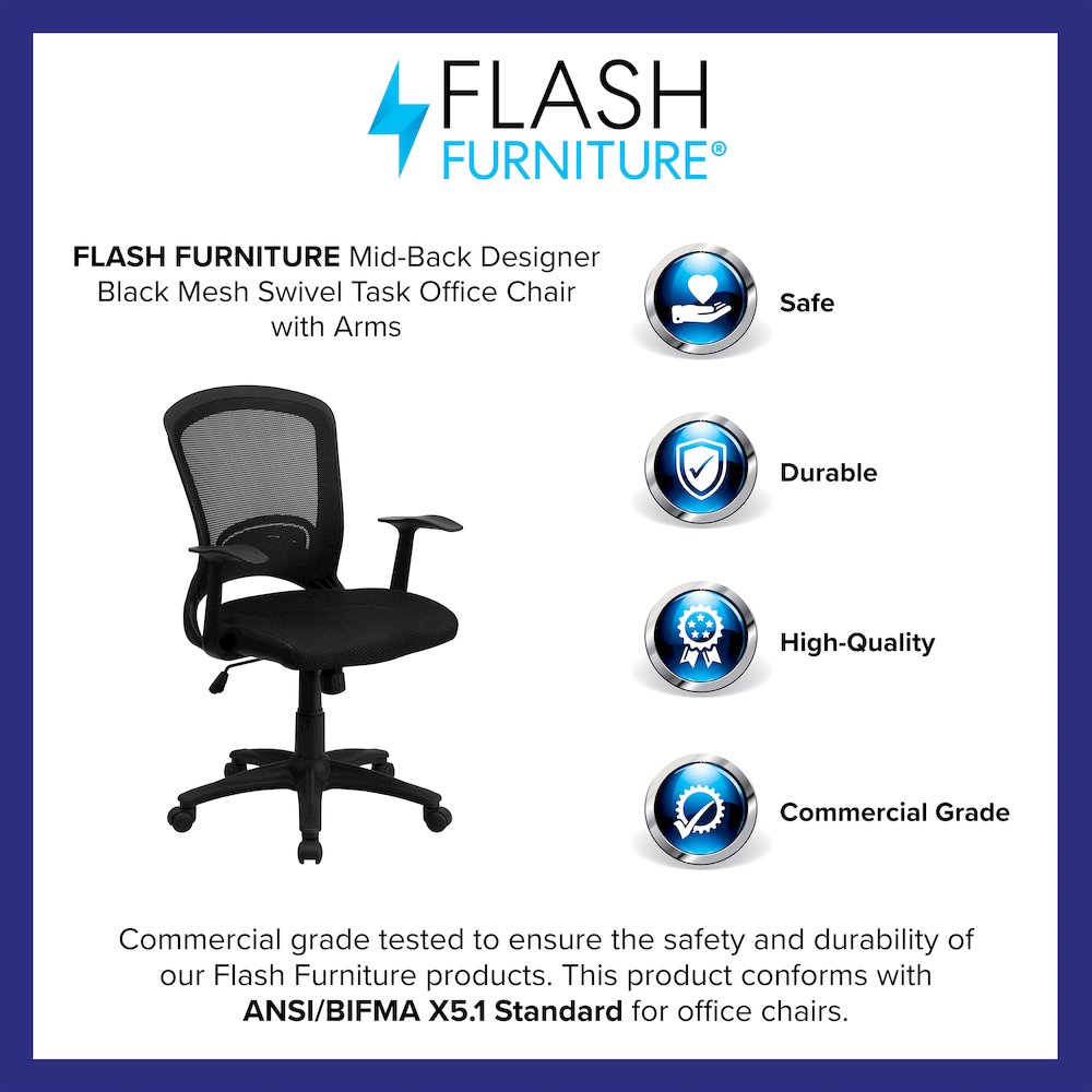 Mid-Back Designer Black Mesh Swivel Task Office Chair with Arms