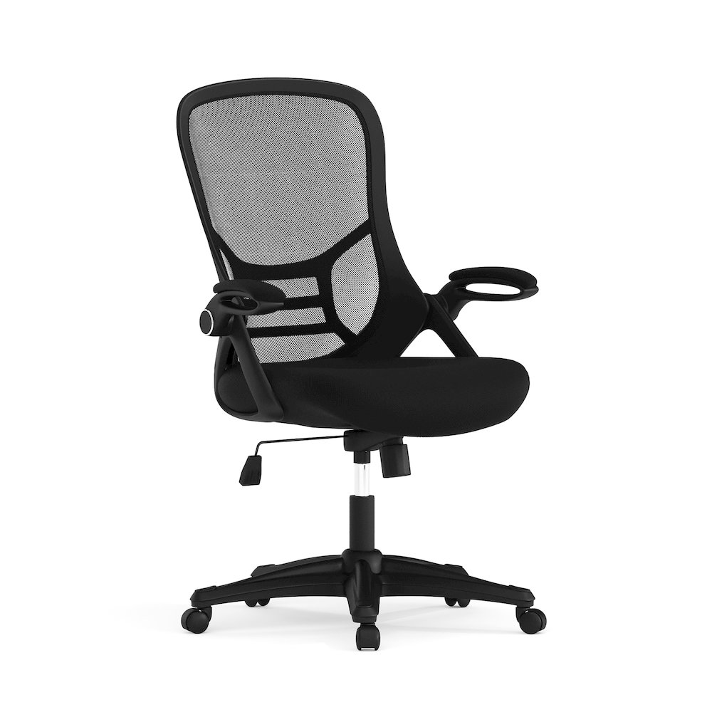 High Back Black Mesh Swivel Office Chair with Black Frame and Flip-up Arms